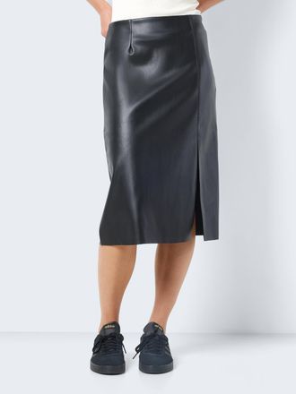 Noisy May Lederimitatrock NOISY MAY NMCLARA HW SLIT MIDI LENGTH SKIRT, Damen, Gr. XS, schwarz, Web, Obermaterial: 100% Polyester, unifarben, ca. Mitte Wade, R&ouml;c