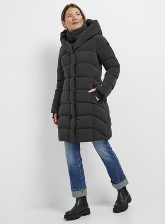 Soia & Kyo Womens Sonny cozy hood mid-length cinched puffer jacket