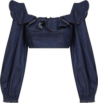 Zimmermann Aster Denim Frill Top - Dames - Blouses - Blauw - M - Denim - Overhemden