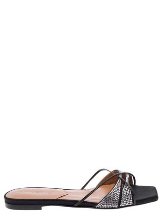 D'accori Lust Black Flat Sandals With Criss-Cross Straps With Rhinestone In Satin Woman