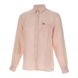 Lacoste Regular Fit Gestreepte Linnen Overhemd - Heren - Casual Overhemden - Roze - 5XL - Linnen - Overhemden