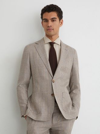 Reiss Oatmeal Brown Linen-wool Single-breasted Check Blazer Tailored-fit, 44