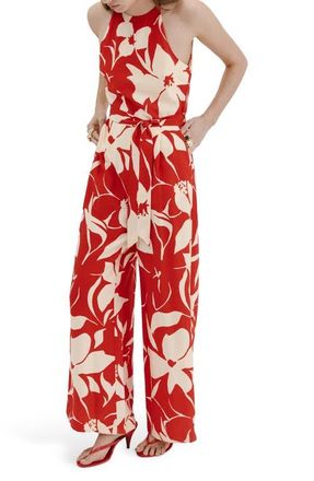 Mango Print Belted Sleeveless Jumpsuit in Red at Nordstrom, Size X-Large