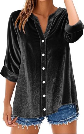 Generic Autumn Winter Casual Womens Tops Fashion Solid Colour Sexy Blouses Long Sleeve V Neck Velvet Shirts (Black, XXXL)