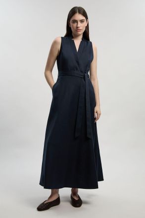 Karen Millen Womens Tailored Linen Wrap Tie Waisted Maxi Dress - Navy Lyocell - Size 14 UK