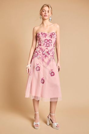 Oasis Womens Premium Trailing Floral Embellished Bandeau Midi Dress - Pink - Size 14 UK