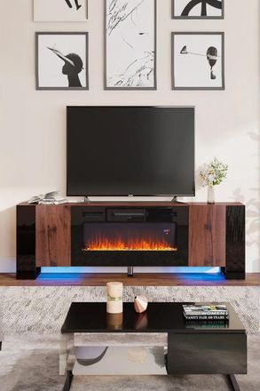 Living and Home Recessed Electric Fireplace TV Stand with Remote Control in Walnut
