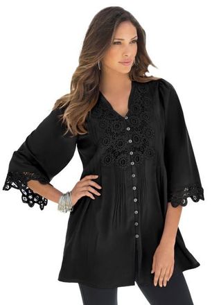 Roaman's Plus Size Juliet Lace Trim Button-Down Shirt in Black at Nordstrom, Size 28