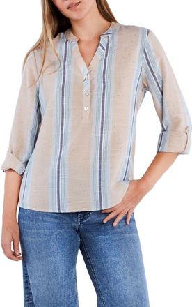 BILLY T Belize Stripe Roll Tab Sleeve Popover Shirt in Blue Multi Stripes at Nordstrom, Size X-Small