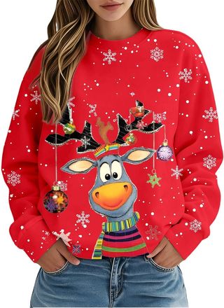 Generic Christmas Jumpers for Women Ladies Sweaters UK Tshirts Funny Printed Jumper Ugly Sweater Long Sleeve Pullover Winter Jumper Outwear Shirt Plus Size Cr