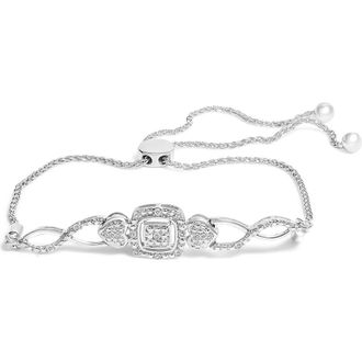 House of Brilliance 925 Sterling Silver Diamond Cushion Frame Heart-Sides Twist Adjustable Bolo Tennis Bolo Bracelet at Nordstrom