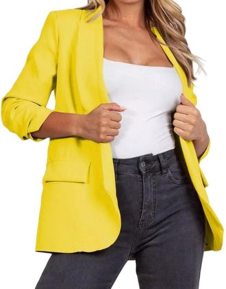 Generic Gostyles Womens Ruched Sleeve Fully Lined Jackets, Ladies Office Work Open Front Coats Plain Collar Italian Blazer with Pockets (Yellow, XL)