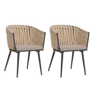 Hhg Nunca Usado] Lote De 2 Sillas De Comedor De Aluminio Hhg 418, Reposabrazos De Silla De Interior, Tejido De Cuerda De Olefina Cuerda, Coj&iacute;n Crema Marr&oacute;