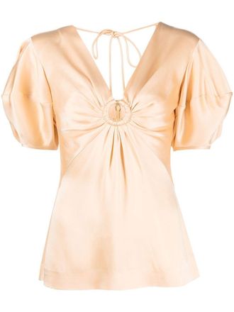 Stella McCartney puff-sleeve ruched blouse - women - Acetate/Viscose - 44 - Neutrals
