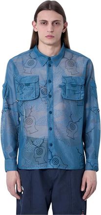 Brain Dead Logo Print Mesh Fishing Shirt - Heren - Casual Overhemden - Blauw - L - Polyester - Overhemden