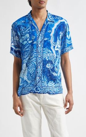 Endless Joy Gajah Wakta Button-Up Shirt in Blue/White at Nordstrom, Size X-Large