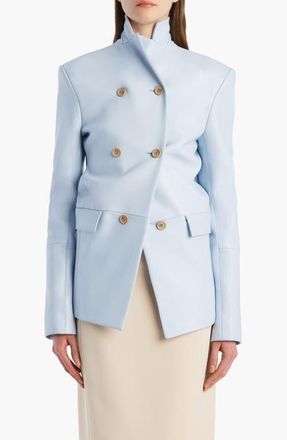 Khaite Rolo Double Breasted Lambskin Leather Jacket in Sky Blue at Nordstrom, Size 4