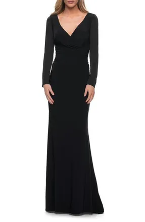 La Femme Long Sleeve Jersey Evening Dress with Ruching in Black at Nordstrom, Size 10