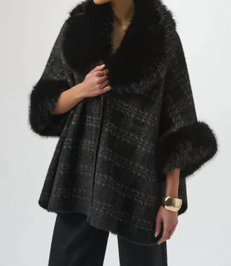 Joseph Ribkoff Plaid Print Faux Fur Poncho In Black/gold
