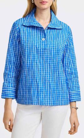 Foxcroft Sammy Check Crinkled Cotton Blend Top in Cobalt Blue/White at Nordstrom, Size X-Small