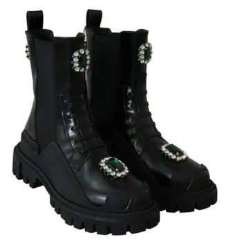 Dolce & Gabbana Black Leather Crystal Combat Womens Boots