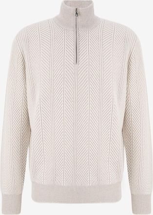 Brunello Cucinelli Fischgrat-Pullover aus Kaschmir mit Stehkragen und Zip