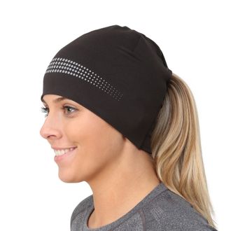 TrailHeads Ponytail Hat - Adrenaline Series | Womens Running Beanie with Reflective Accents | Black Skull Cap - Black/Reflective