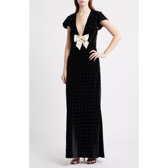 LoveShackFancy Melora Rhinestone Bow Velvet Maxi Dress in Black at Nordstrom, Size 00