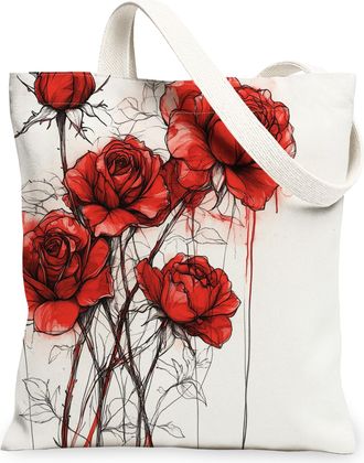 Generic Valentines Day Rose Floral Canvas Tote Bag for Shopping 13x15, Romantic Flower Love Reusable Grocery Print Bag for Women, Holiday Beach Aesthetic Pain