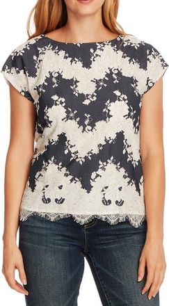 Vince Camuto Mixed Media Short Sleeve Top in Caviar at Nordstrom, Size Small