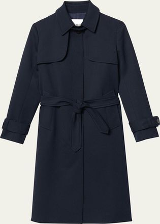Sandro Navy Pleated-Back Belted Trench Coat