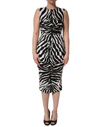 Dolce & Gabbana Womens Black White Zebra Cady Calf Length Dress And Viscose Elastane