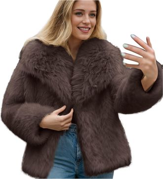 Generic Winter Coats for Women UK Womens Faux Coat Faux Jacket Long Sleeve Lapel Furry Winter Jackets Shaggy Short Coat Jacket for Women Warm Fashion Overcoat