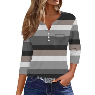 Generic 3/4 Sleeve Tops for Women UK Dressy Casual Summer Work Blouses Tunic Top Elbow Length T Shirts Elegant Floral Printed Fall Ladies Tops Henley Button U