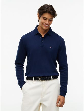 Tommy Hilfiger Mens Regular Fit Long-Sleeve Waffled Polo - Carbon Navy - XXL
