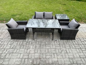 Fimous Wicker Outdoor Garden Furniture Set Patio Furniture Rattan Dining Table Lounge Sofa with Side Table in Dark Grey