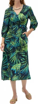 Joseph Ribkoff Tropical Print V-Neck Midi Dress In Midnight Blue/multi