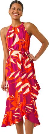 Roman Womens Floral Print Frill Wrap Midi Dress - Pink - Size 20 UK