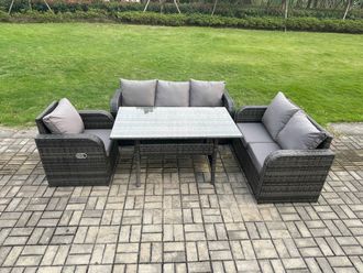 Fimous 6 Seater Garden Rattan Furniture Dining Table Sofa Set Indoor Outdoor with Reclining Chairs Dark Grey Mixed