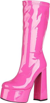 Generic Womens Patent Leather Mid Calf Boots Chunky Heel Platform Style Elastic Long Booties For Winter