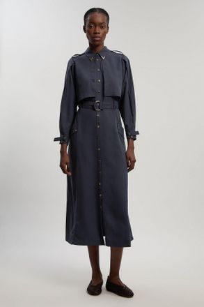 Karen Millen Womens Petite Cupro Utility Twill Woven Shirt Dress With Belt Detail - Navy Lyocell - Size 16 UK