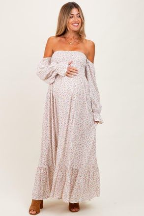 Pinkblush Floral Smocked Off Shoulder Maxi Dress in Cream at Nordstrom, Size Large