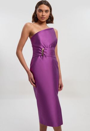 Karen Millen Womens Satin Twill Trim Detail Structured Asymmetric Neck Tailored Midi Dress - Purple - Size 16 UK