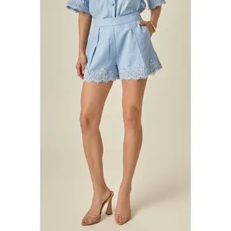 English Factory Lace Trim Linen & Cotton Shorts in Powder Blue at Nordstrom, Size X-Small