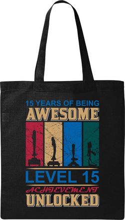 Generic Level 15 Achievement Unlocked Gaming Birthday Graphic Natural Ecological Cotton Tote Bag Black