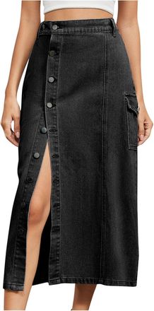 Generic Denim Skirts for Women UK Button Slit Cowboy Skirt Loose Fit Jeans Skirts Casual High Waist Split Midi Maxi Long Length Skirts Trendy Y2k Denim Skirt 