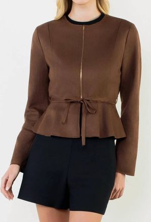 THML Clothing Suede Zipper Jacket With Tie Waist In Brown