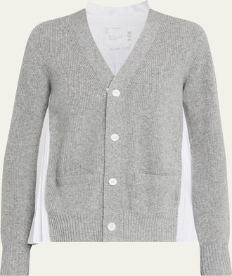 sacai Wool Knit And Cotton Poplin V-Neck Cardigan