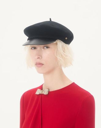 Valentino Garavani Berretto Valentino Garavani Vlogo Signature In Lana Con Visiera In Pelle Donna NERO/ORO 55