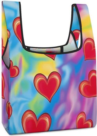 Generic Tie-dye Rainbow Hearts Reusable Shopping Bags Lightweight Foldable Grocery Bag Polyester Washable Tote Bag